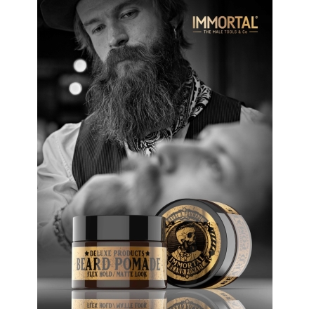 Frascos de pomada para barba IMMORTAL com barbeiro ao fundo
