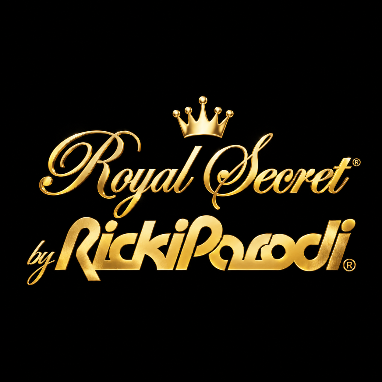 Logo dourado Royal Secret by RickiParodi em fundo preto com coroa