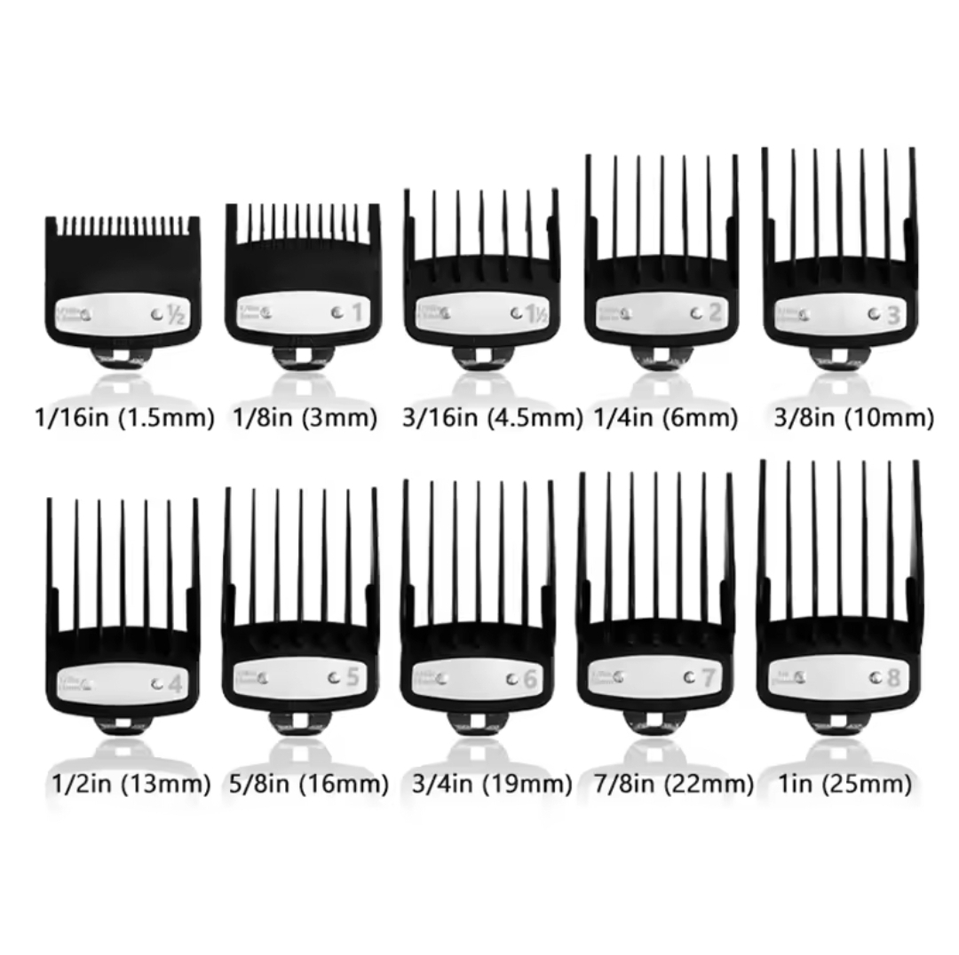 Conjunto de pentes de corte para máquina de cabelo numerados e com medidas em polegadas e milímetros