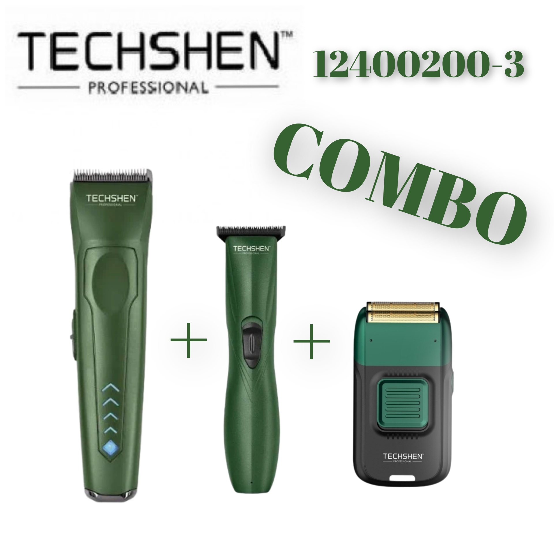 Combo de três aparadores elétricos verdes TECHSHEN PROFESSIONAL