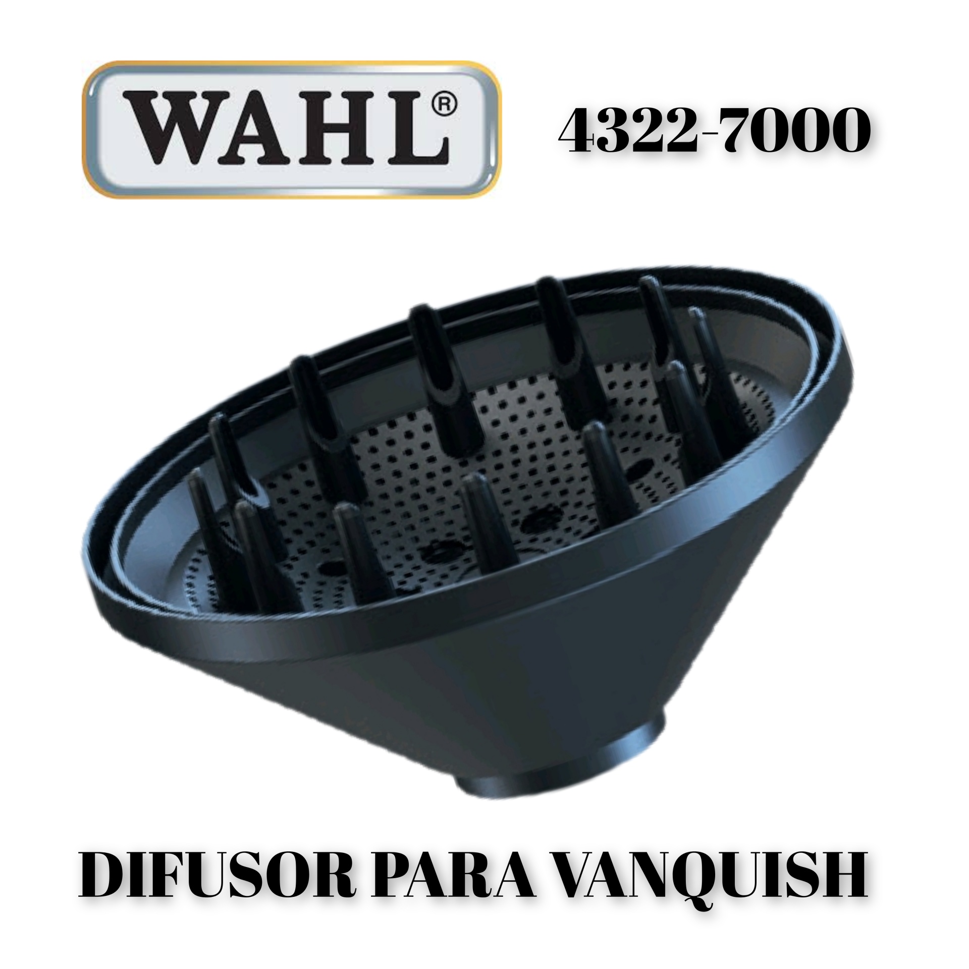 Difusor preto para cabelo com logo WAHL e texto 4322-7000 e DIFUSOR PARA VANQUISH