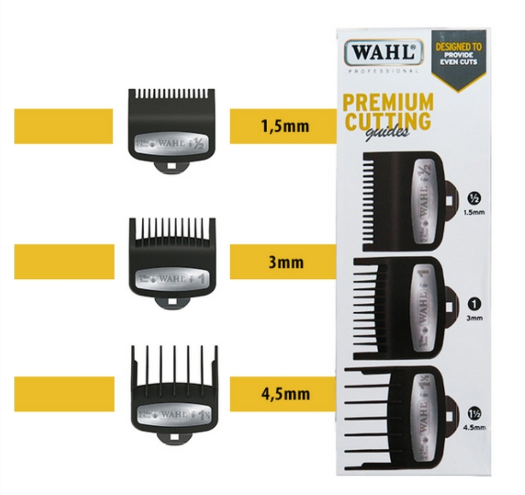 Três pentes de corte WAHL Professional Premium Cutting Guides em plástico preto com etiqueta prateada, tamanhos 1,5 mm, 3 mm e 4,5 mm.
