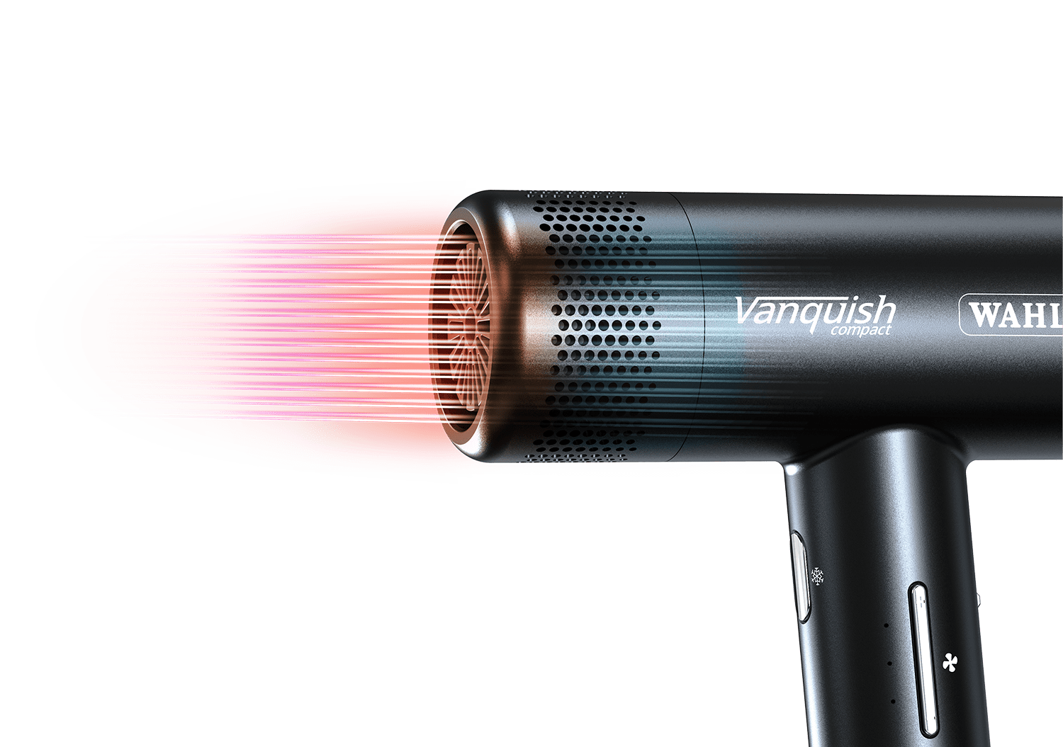 Secador de cabelo preto WAHL Vanquish compact com grelha perfurada e saída de ar quente vermelha