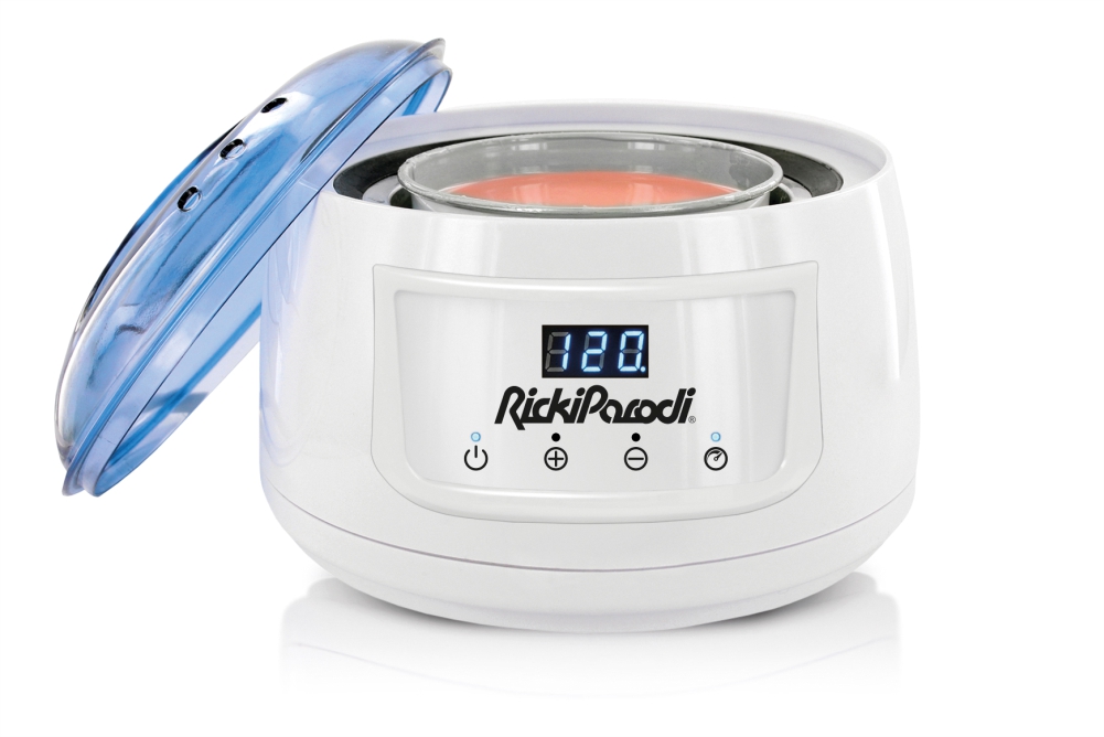 Derretedor de cera elétrico branco com tampa azul translúcida e visor digital