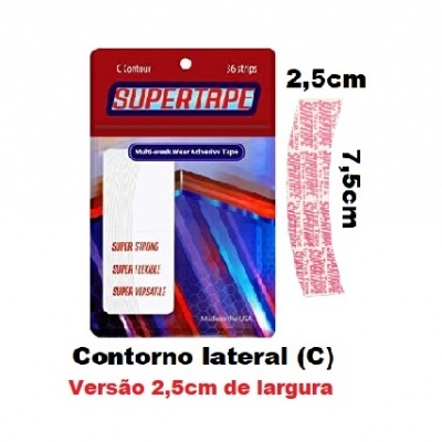 Embalagem de fita adesiva multiuso SUPERTAPE Contour branca com texto vermelho e fundo azul e vermelho