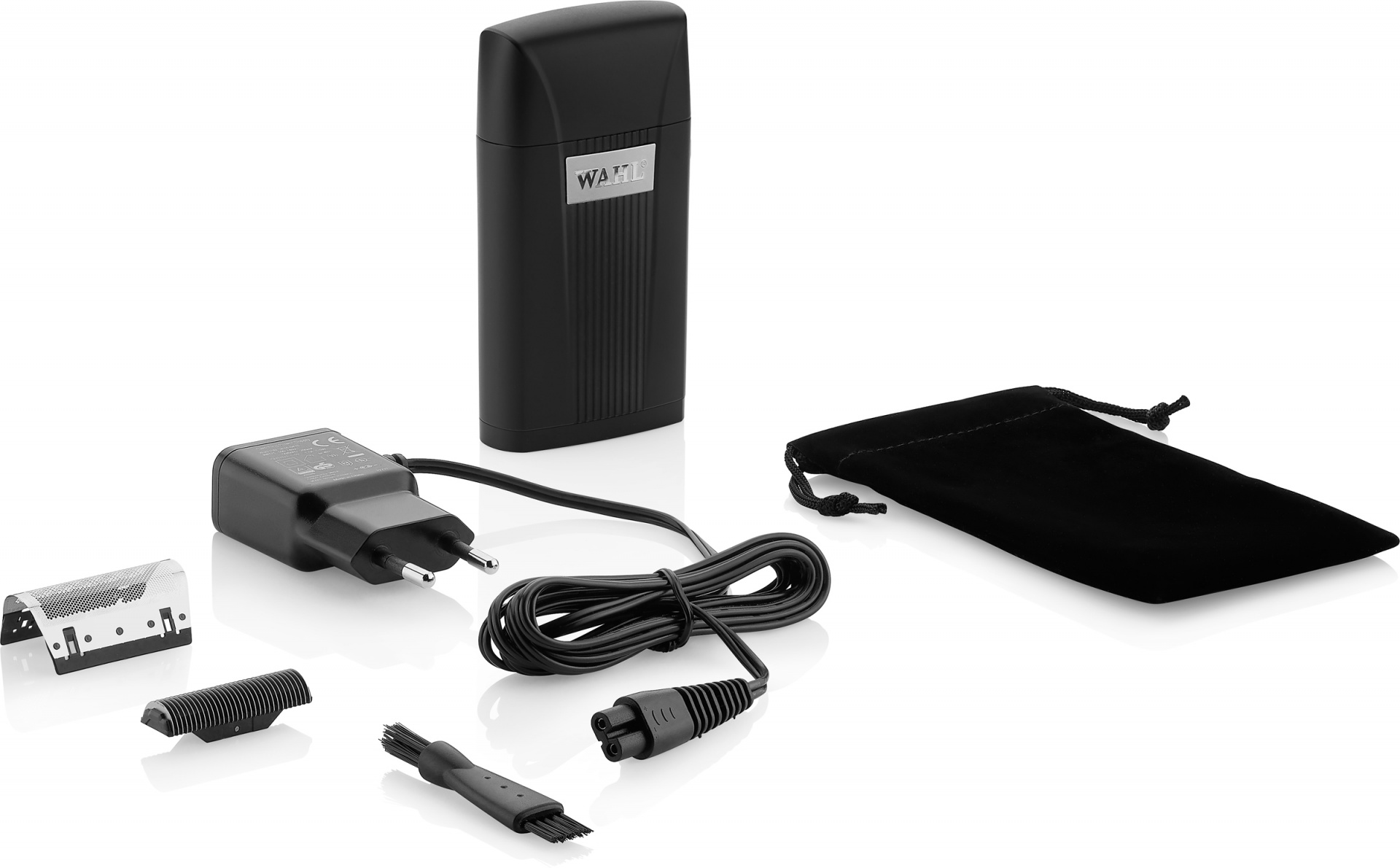 Conjunto de barbeador elétrico preto com acessórios e bolsa