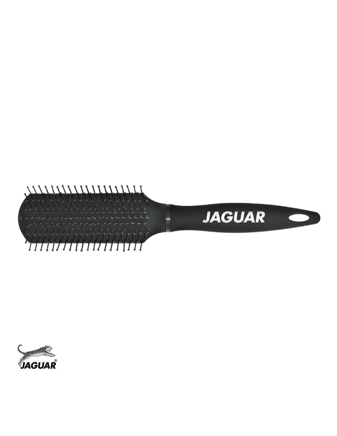 Escova de cabelo preta com cabo e letras JAGUAR em branco