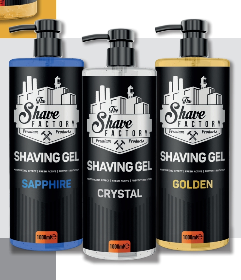 Três frascos de gel de barbear The Shave Factory nas cores azul, transparente e dourado com 1000 ml cada.