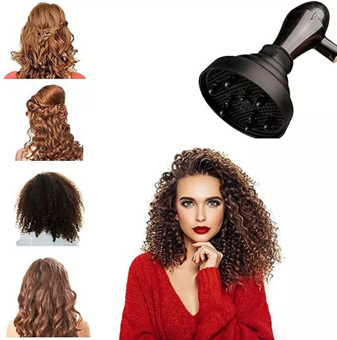 Vários estilos de cabelo cacheado, modelo e difusor de cabelo preto