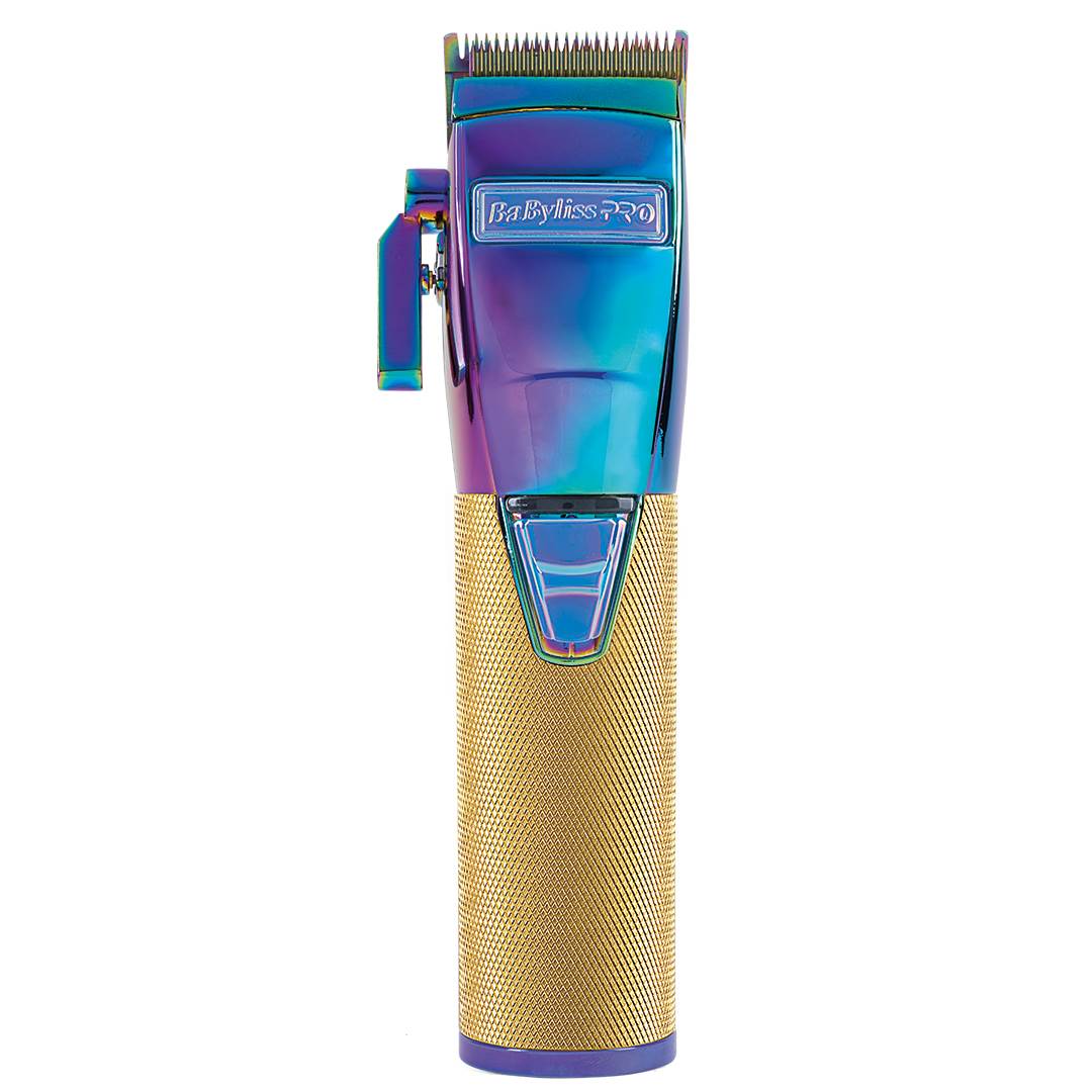 Máquina de cortar cabelo metálica dourada com parte superior azul roxo iridescente BaBylissPRO