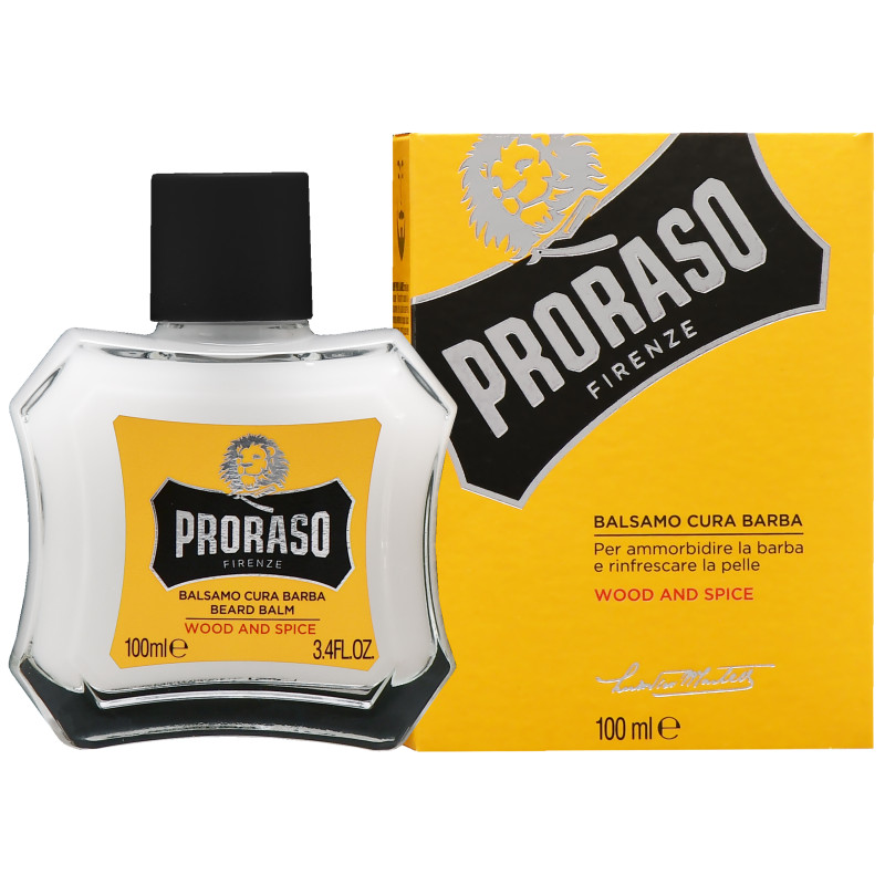 Bálsamo para barba Proraso Wood and Spice em frasco e caixa amarelos
