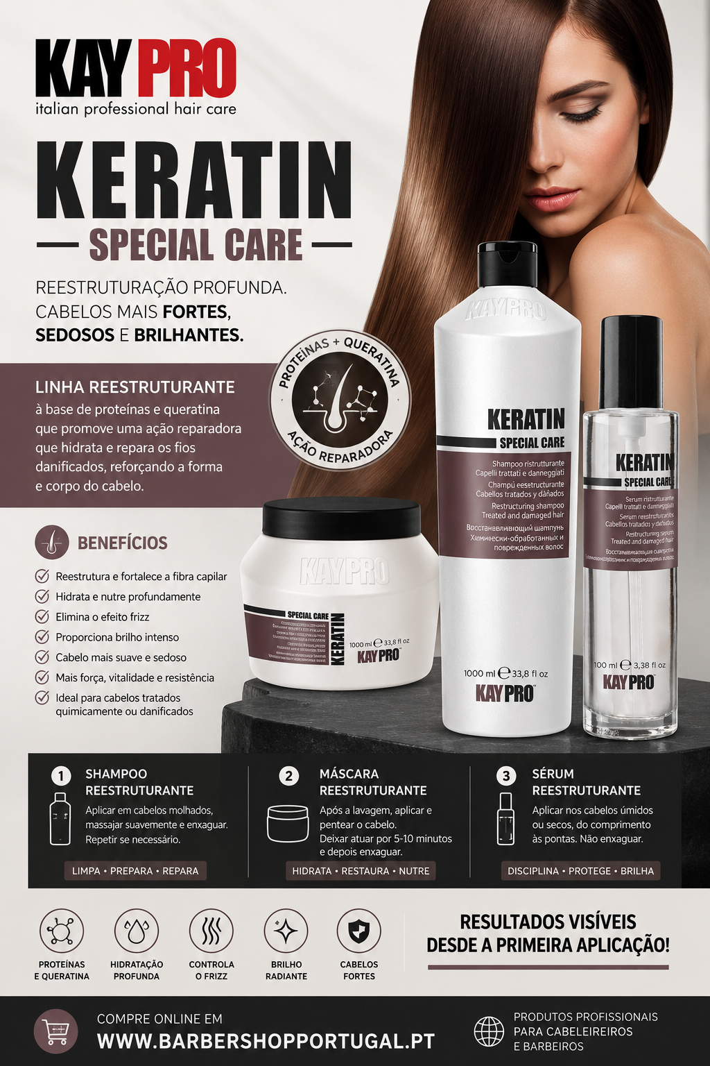 Produtos KayPro Keratin Special Care para cuidado capilar com texto promocional e imagem de mulher com cabelo liso castanho.