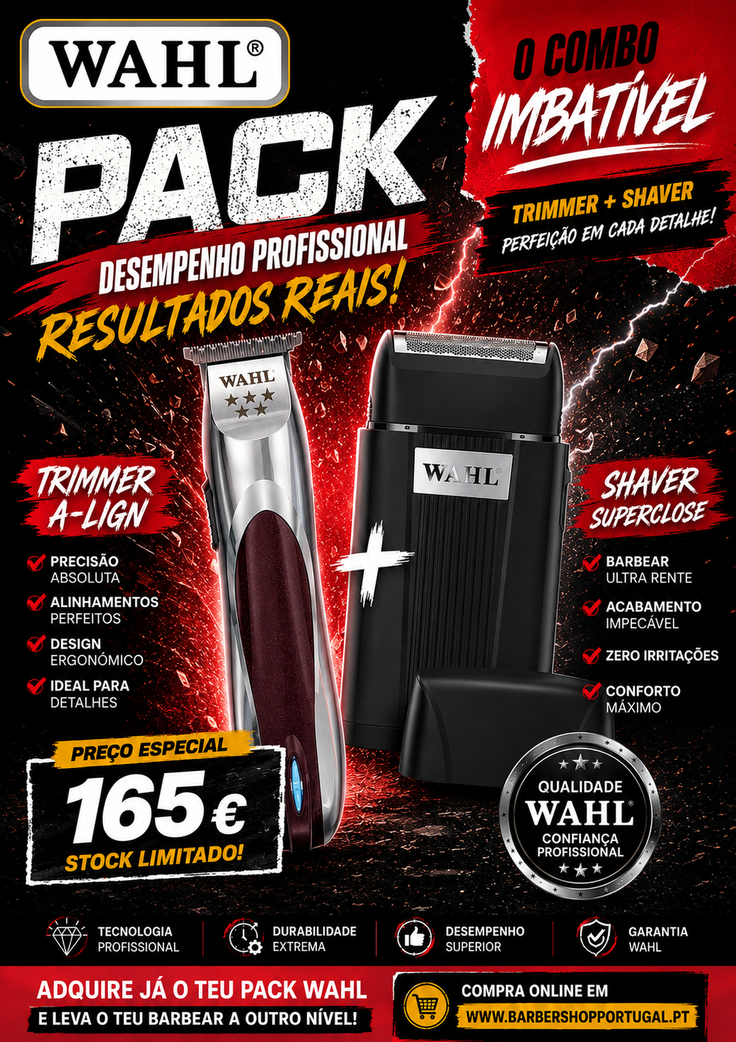 Pack Wahl com aparador de cabelo e barbeador elétrico em fundo preto e vermelho com texto promocional