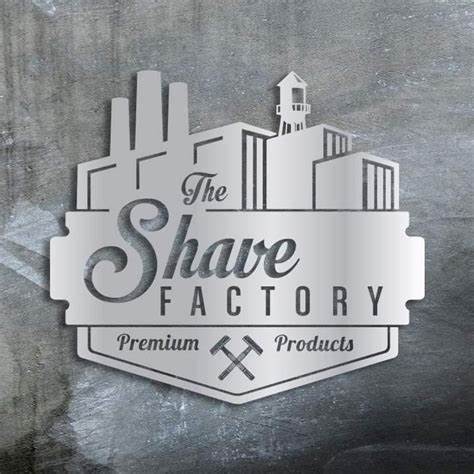 Logótipo metálico com texto 'The Shave Factory Premium Products' e design de fábrica
