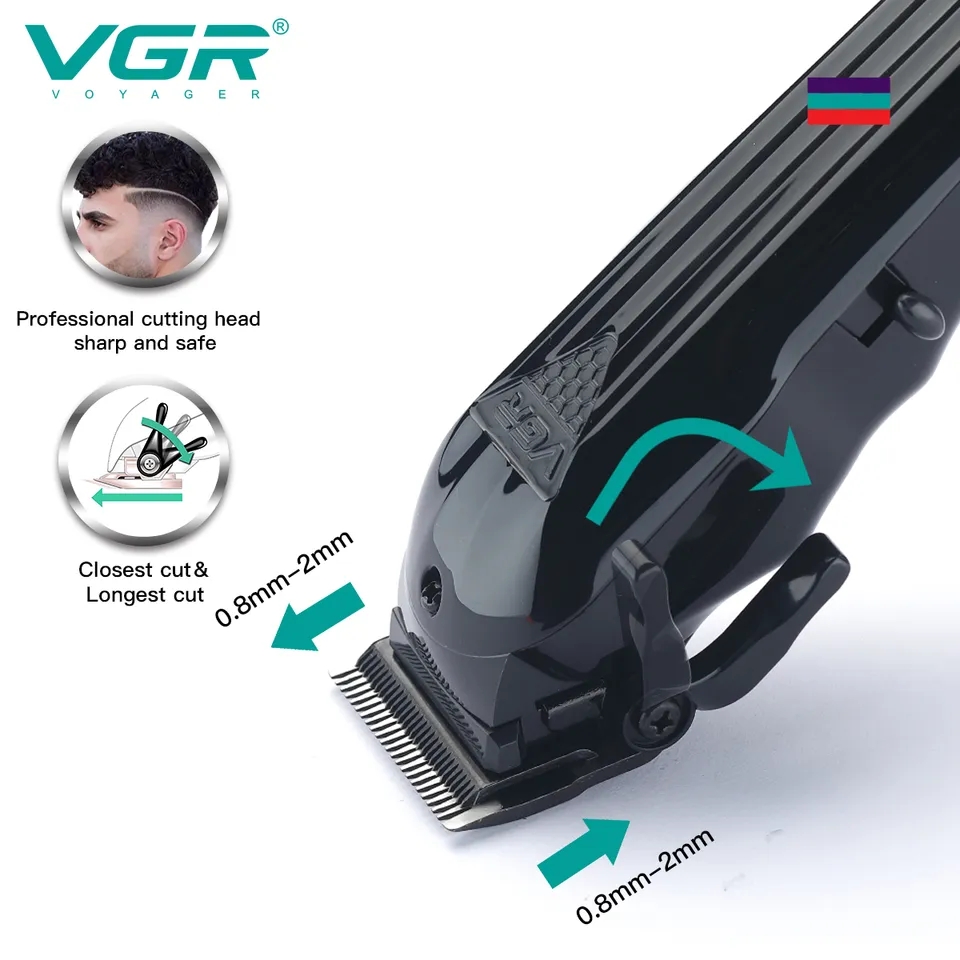 Máquina de cortar cabelo preta VGR com detalhes em metal e texto em inglês