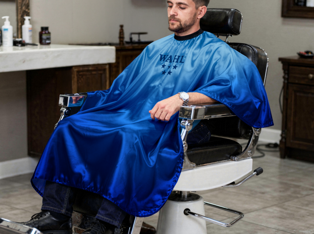 Capa de barbeiro azul satinado com logo WAHL numa cadeira de barbeiro preta e branca