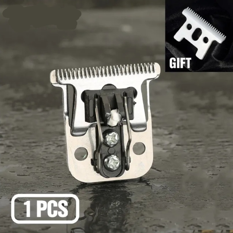 Lâmina de máquina de cortar cabelo metálica com texto '1 PCS' e imagem menor de lâmina branca com 'GIFT'.