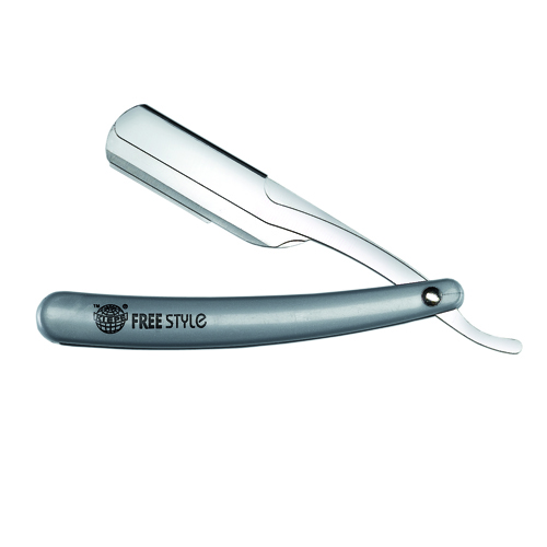Navalha de barbear metálica com cabo cinzento e texto 'FREE STYLE'