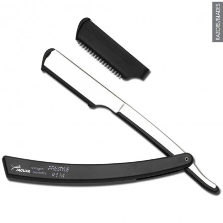 Navalha de barbear preta com lâmina de aço inoxidável aberta e capa protetora preta