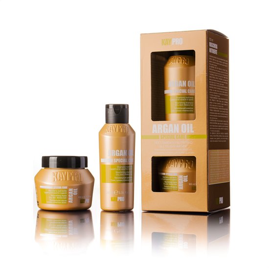 Conjunto de cosméticos KAYPRO Argan Oil com frasco, pote dourados e caixa com rótulos amarelos