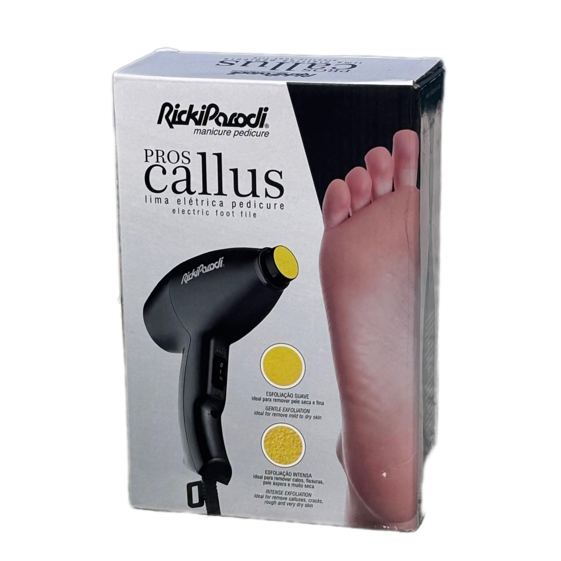 Embalagem do produto elétrico para pedicure Rickiparodi Pros Callus com imagem do aparelho e um pé