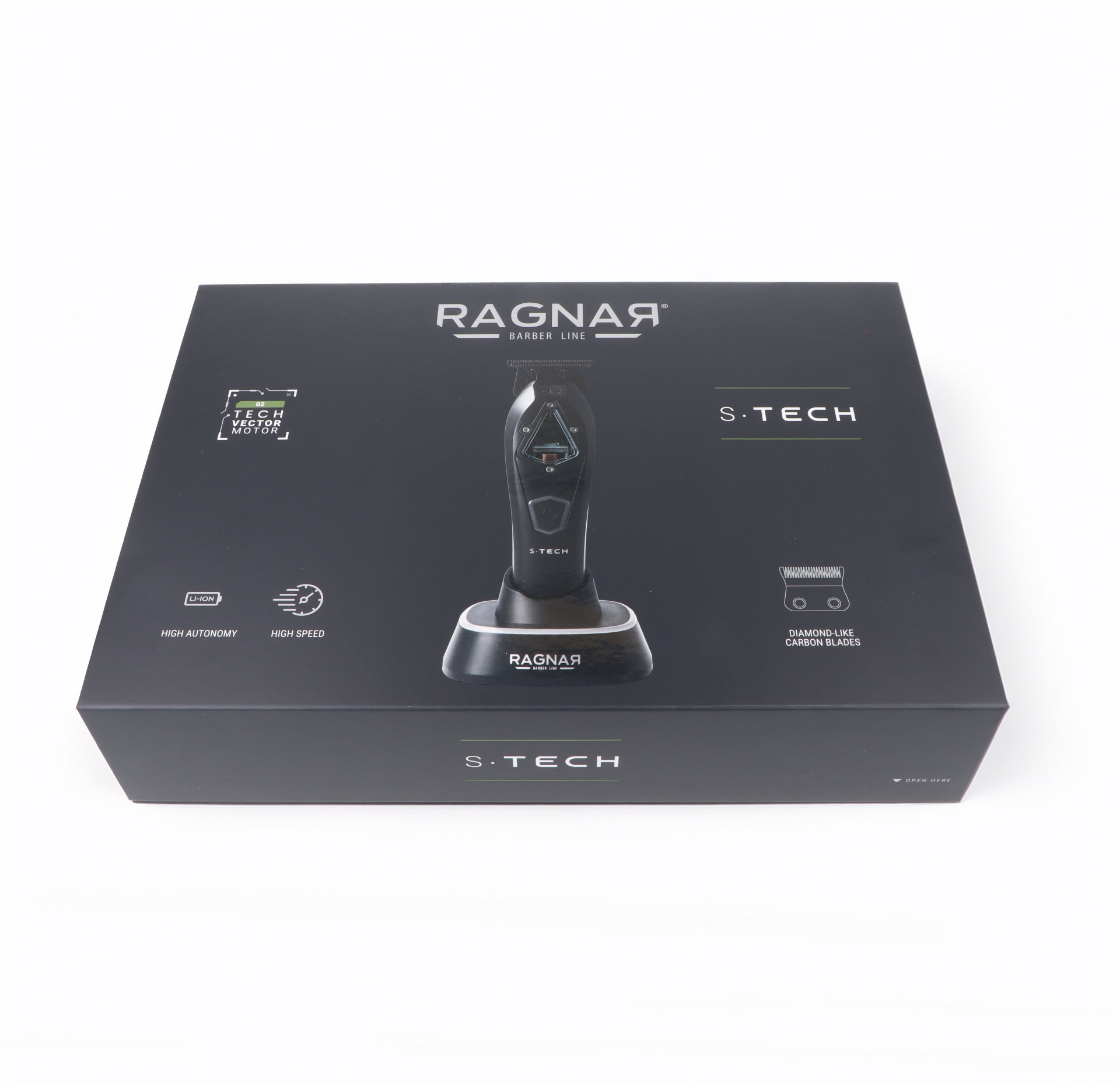 Embalagem preta com máquina de cortar cabelo RAGNAR S.TECH e texto descritivo