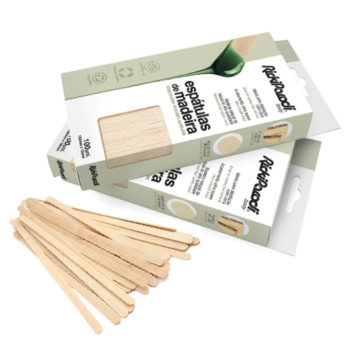 Pacote de espartilhas de madeira Roughwood com 100 unidades em embalagem branca e verde.