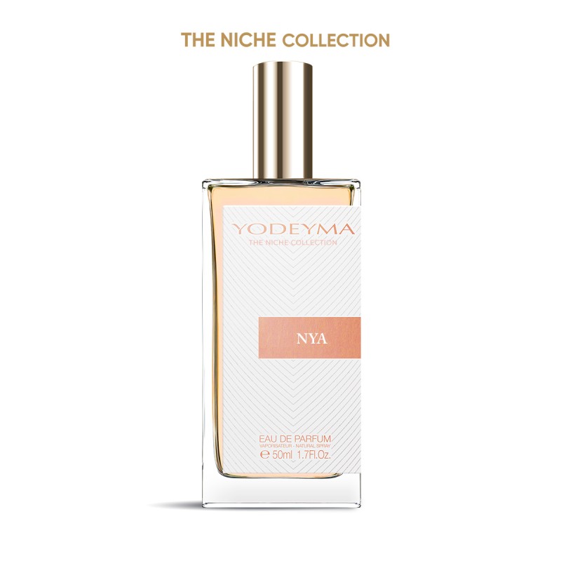 Frasco de perfume Yodeyma The Niche Collection NYA 50ml com tampa dourada