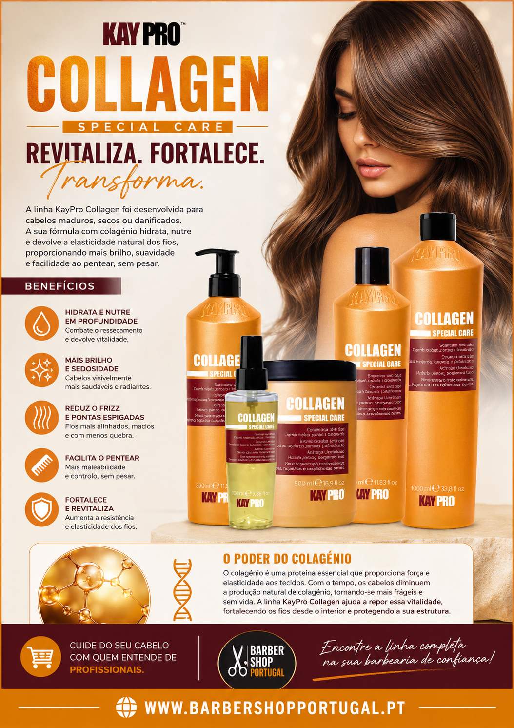 Embalagens de produtos KayPro Collagen Special Care e mulher com cabelo castanho longo ondulado