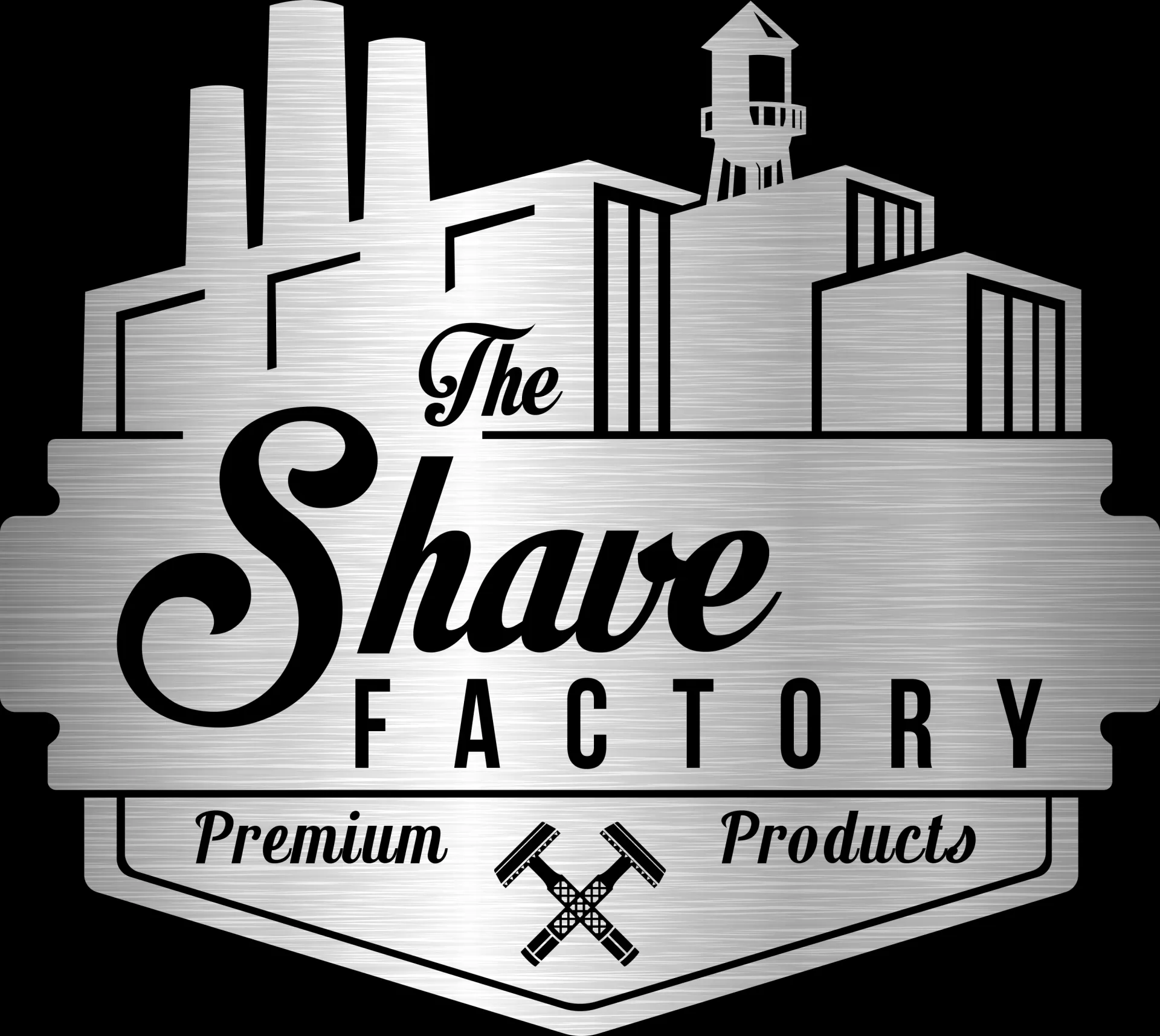 Logótipo metálico prateado com texto e desenho de fábrica