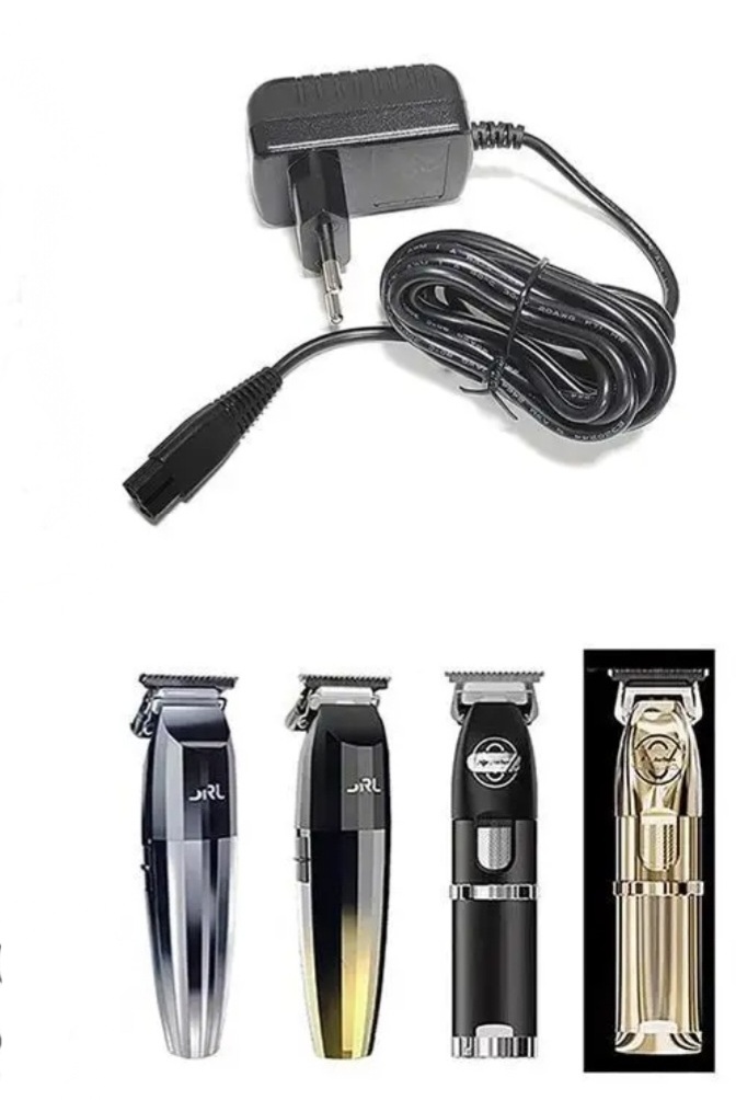 Carregador e quatro máquinas de cortar cabelo elétricas em várias cores, duas com texto DRL