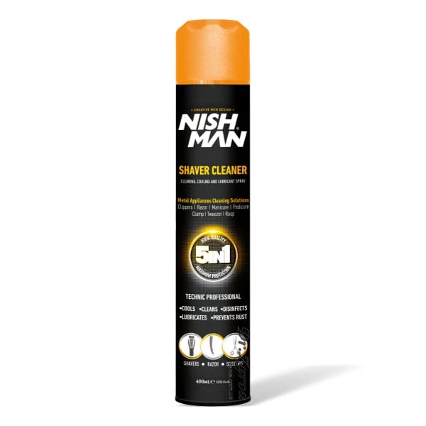 Aerosol NISH MAN Shaver Cleaner preto com tampa laranja para limpeza de barbeadores