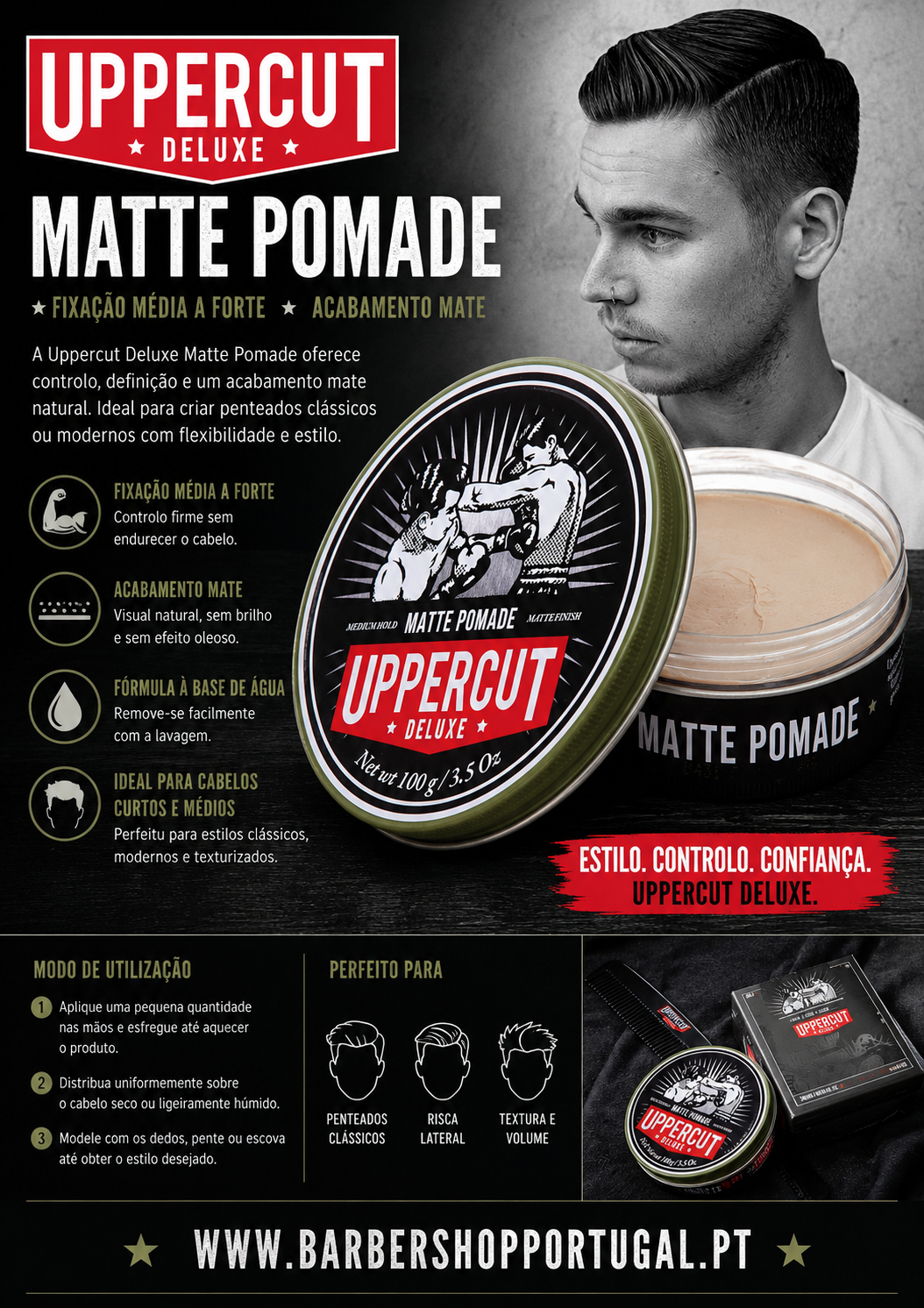 Pomada para cabelo Uppercut Deluxe Matte Pomade em embalagem metálica com imagem de homem e instruções em português