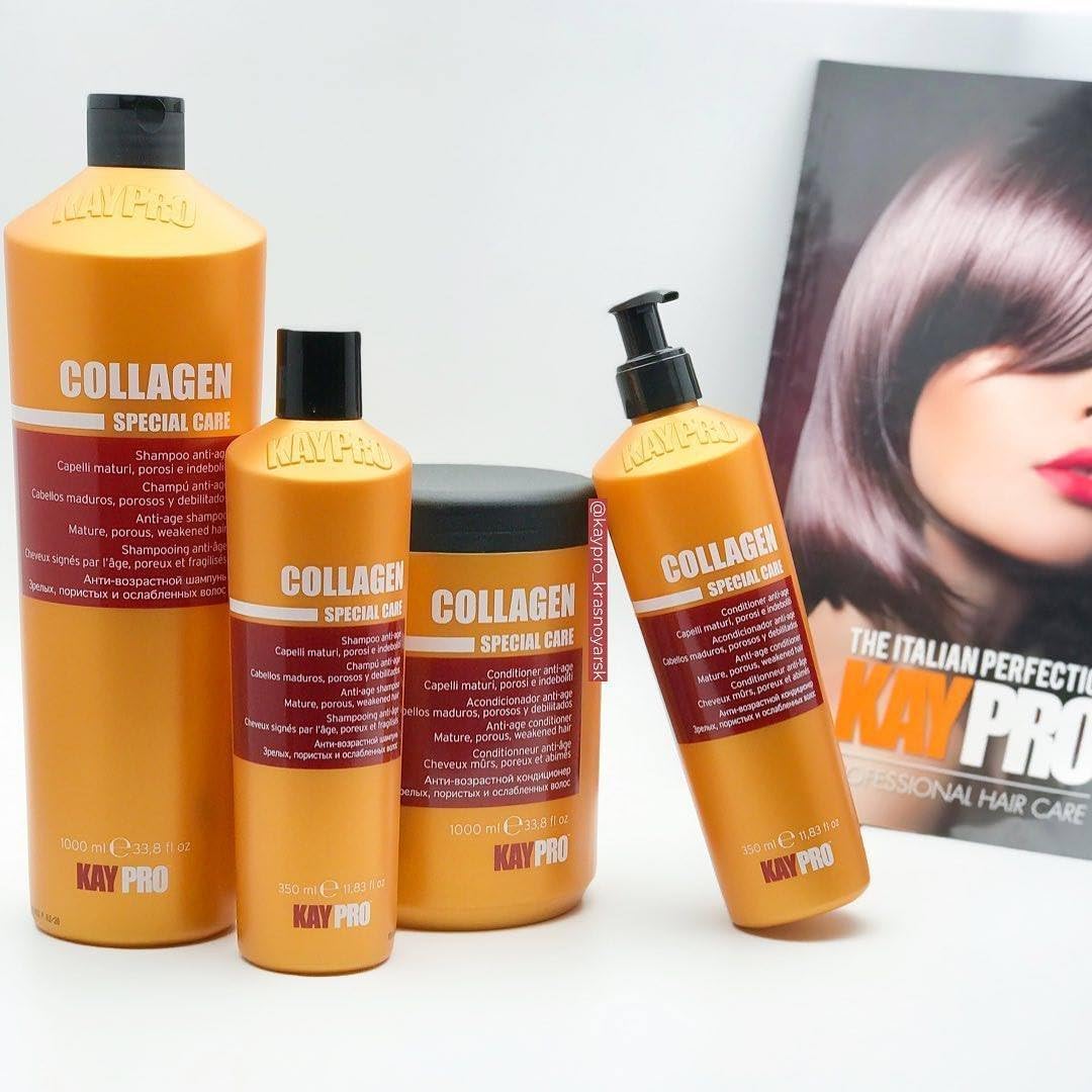 Produtos capilares KAY PRO Collagen Special Care e cartaz promocional com mulher