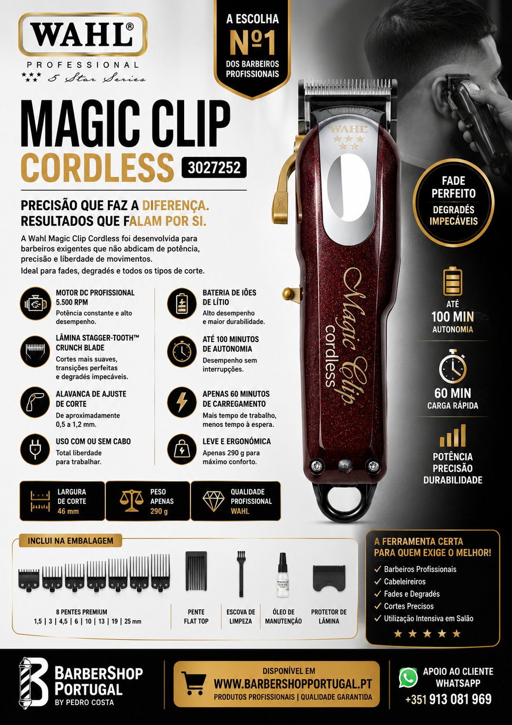 Aparador de cabelo Wahl Magic Clip Cordless vermelho com acessórios sobre fundo branco e texto informativo