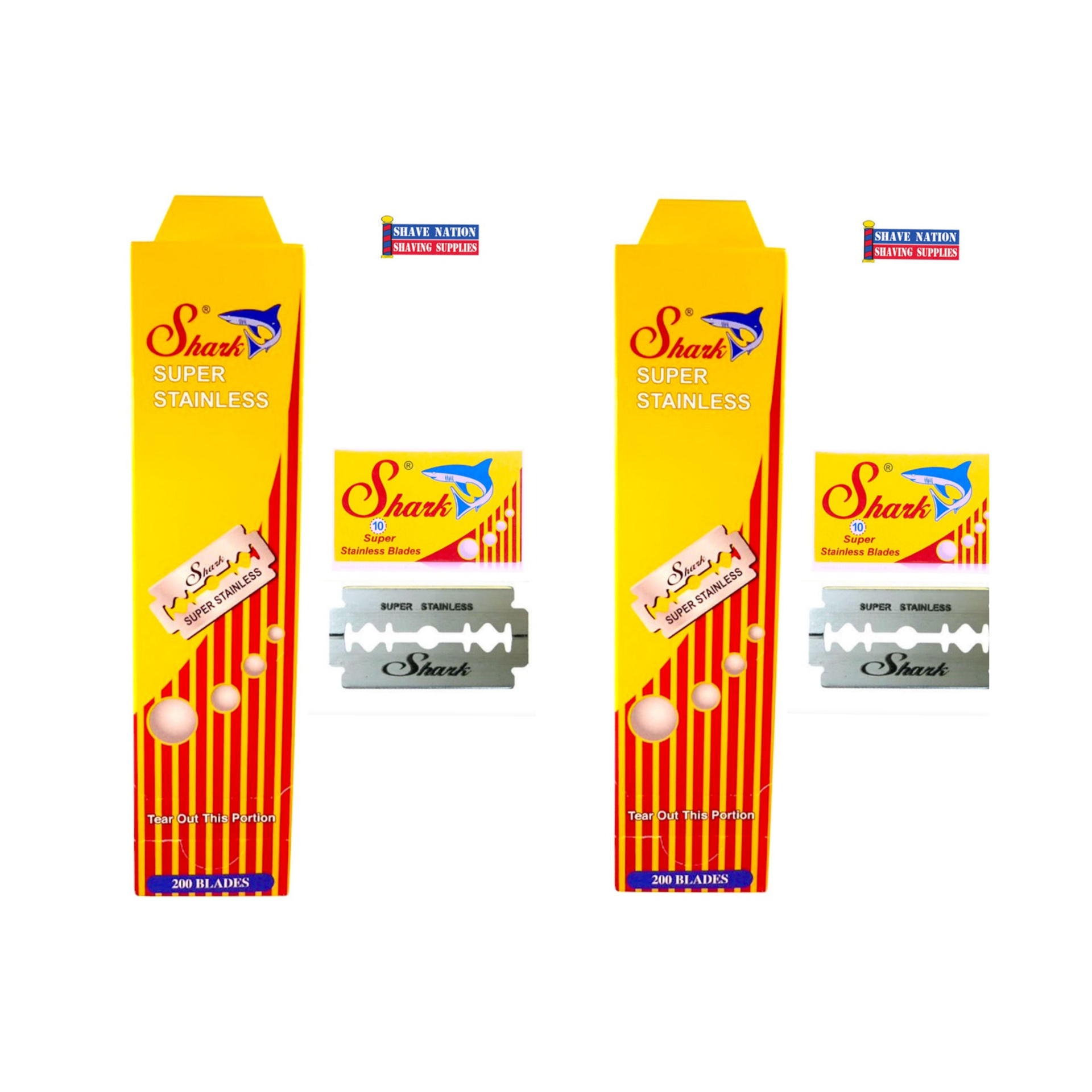 Caixas amarelas e vermelhas de lâminas de barbear Shark Super Stainless com lâminas de metal prateado