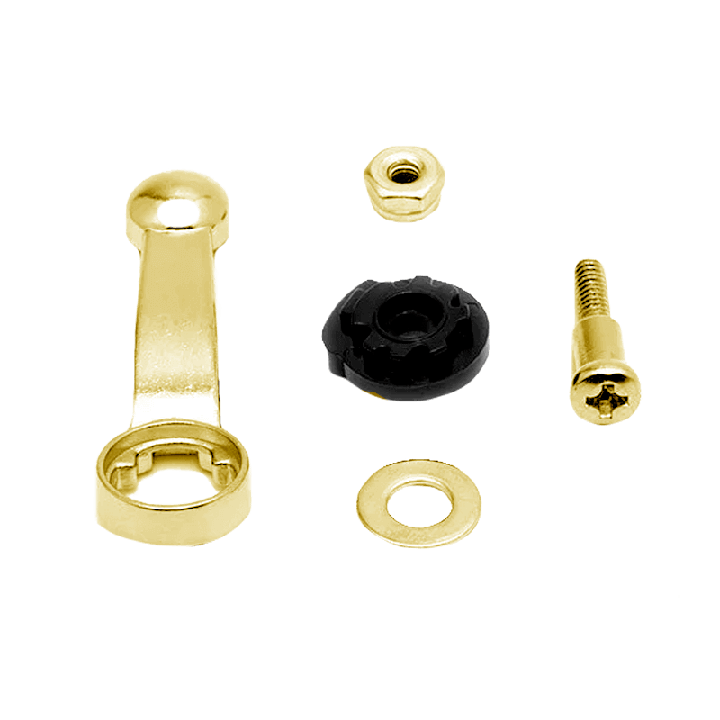 Conjunto de peças metálicas e plásticas para montagem, sobre fundo branco