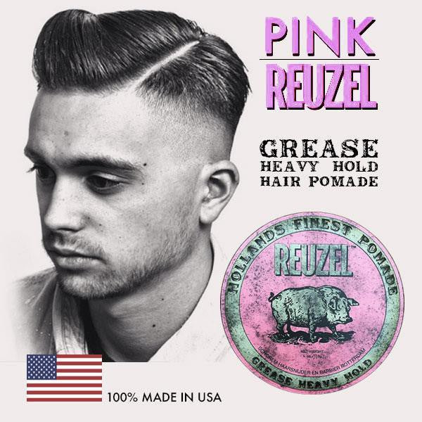 Pomada para cabelo REUZEL Pink Grease Heavy Hold com modelo masculino e texto promocional