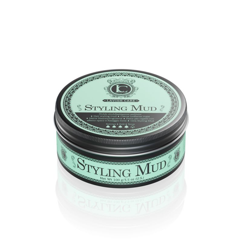 Recipiente de Styling Mud para cabelo com tampa verde e texto preto
