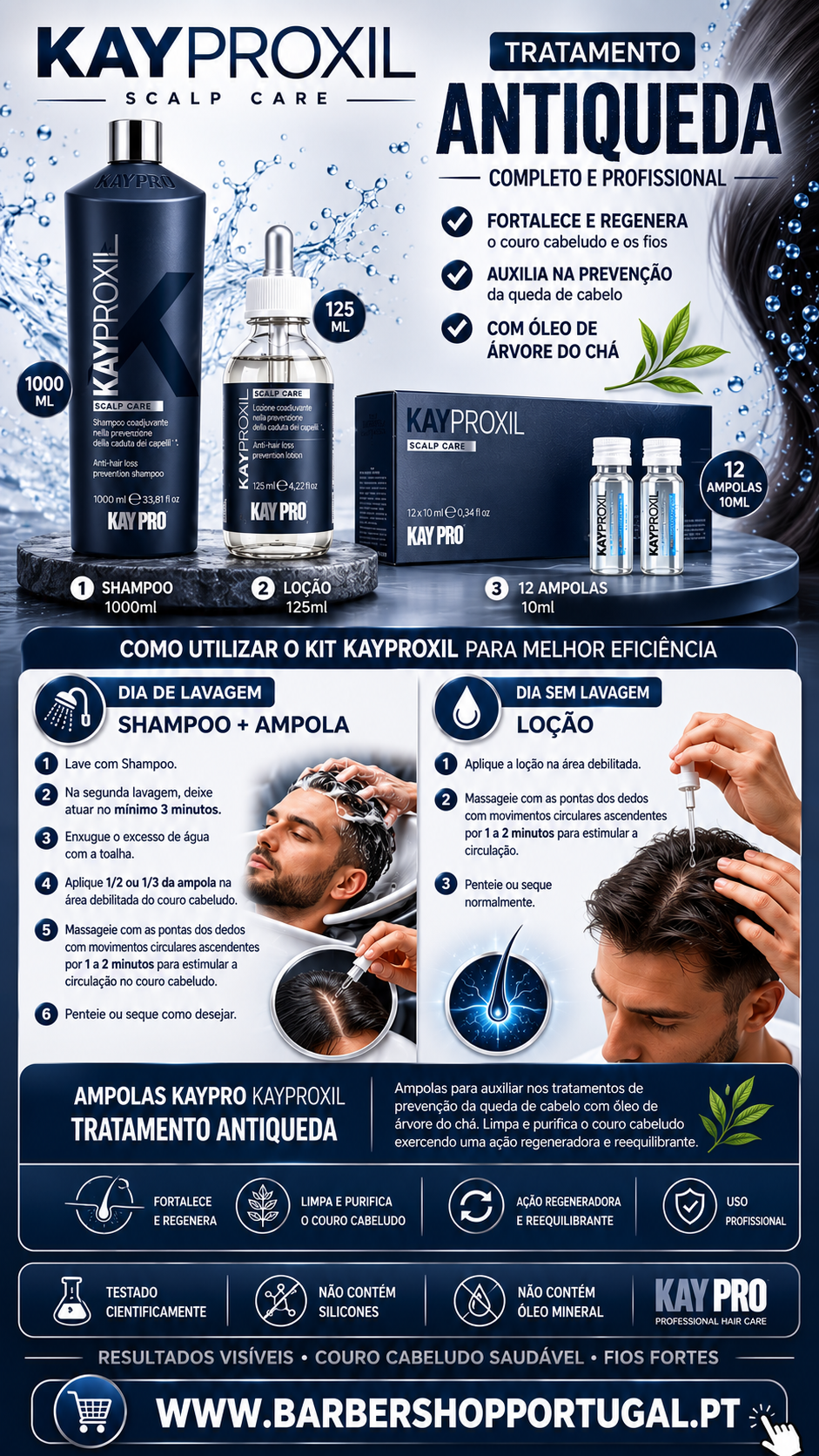 Kit Kaypro KAYPROXIL tratamento antiqueda com shampoo, loção e ampolas destacado em fundo azul