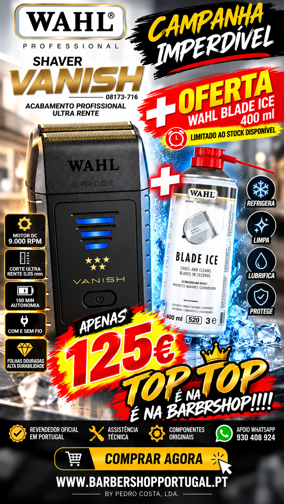 Máquina de barbear elétrica WAHL VANISH preta com spray de manutenção WAHL BLADE ICE 400 ml