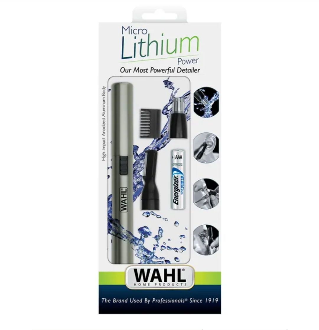 Aparador Wahl Micro Lithium Power, embalagem branca com acessórios e texto promocional