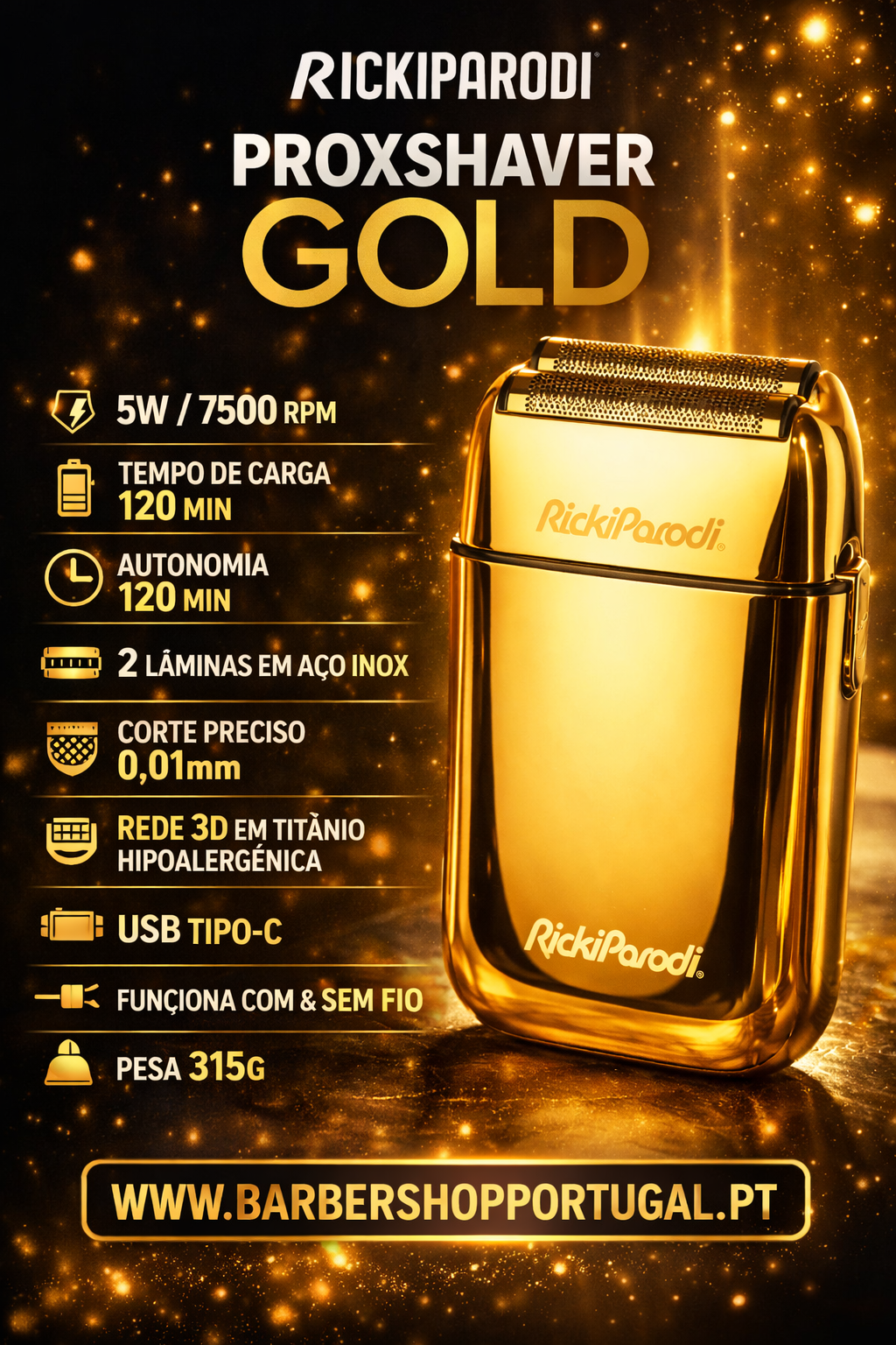 Barbeador elétrico dourado RICKIPARODI PROXSHAVER GOLD com especificações técnicas em texto ao lado e fundo dourado brilhante