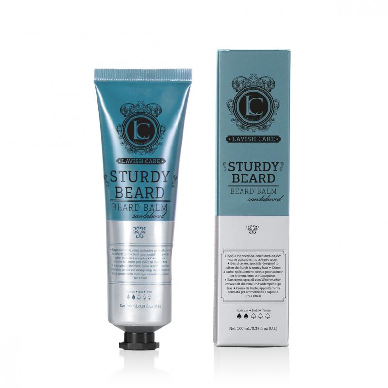 Bálsamo para barba Lavish Care Sturdy Beard em tubo prateado e caixa azul esverdeada