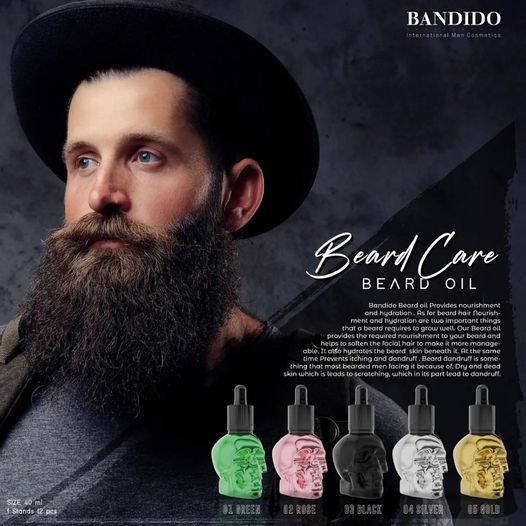 Óleo para barba BANDIDO em frascos de caveira coloridos, com homem barbudo de chapéu preto ao fundo