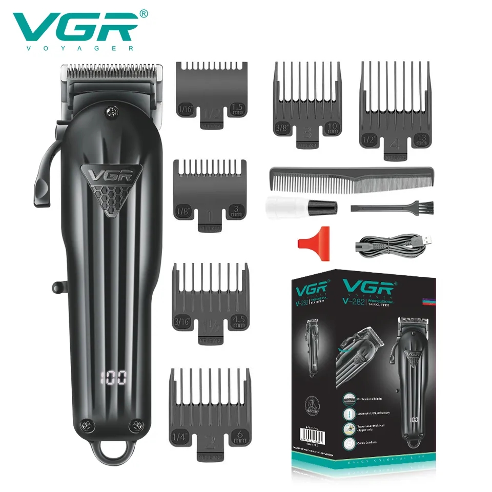 Máquina de cortar cabelo preta VGR com acessórios e embalagem
