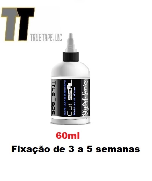 Frasco branco com cola para extensões de cílios True Tape 60ml com texto explicativo