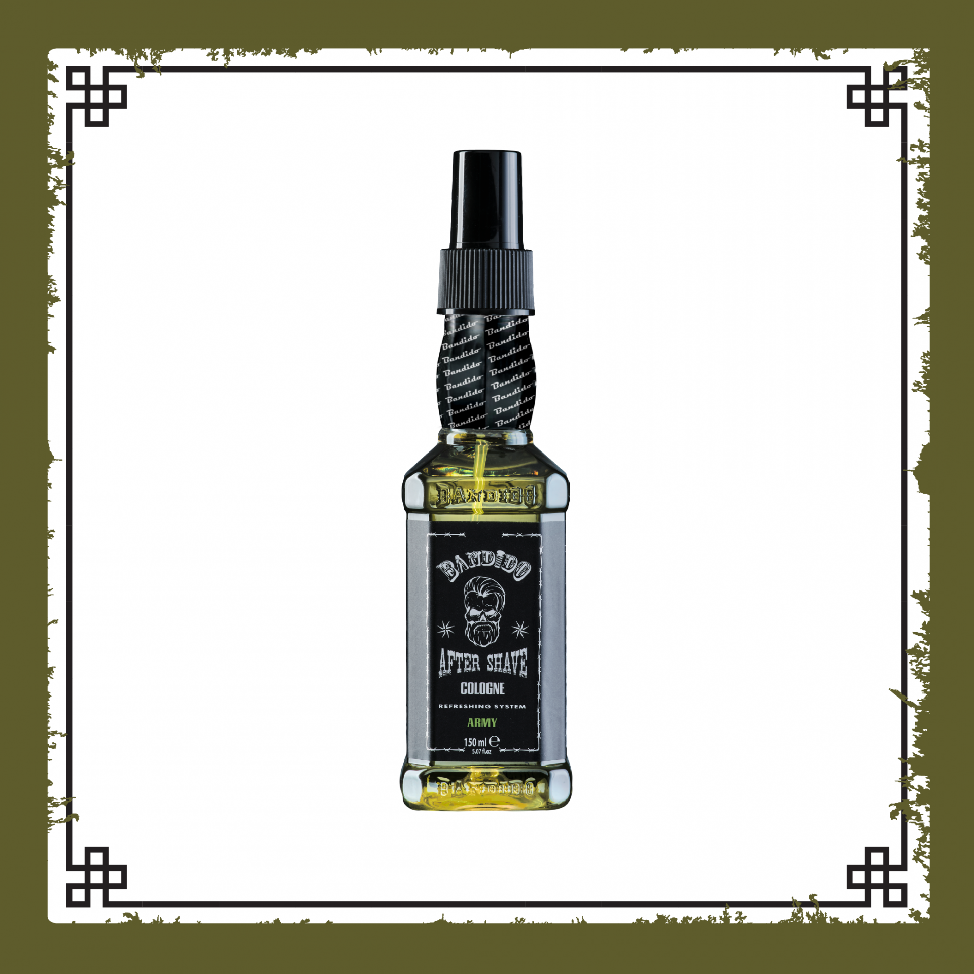 Frasco de after shave deluxe com spray, rótulo preto e líquido amarelo