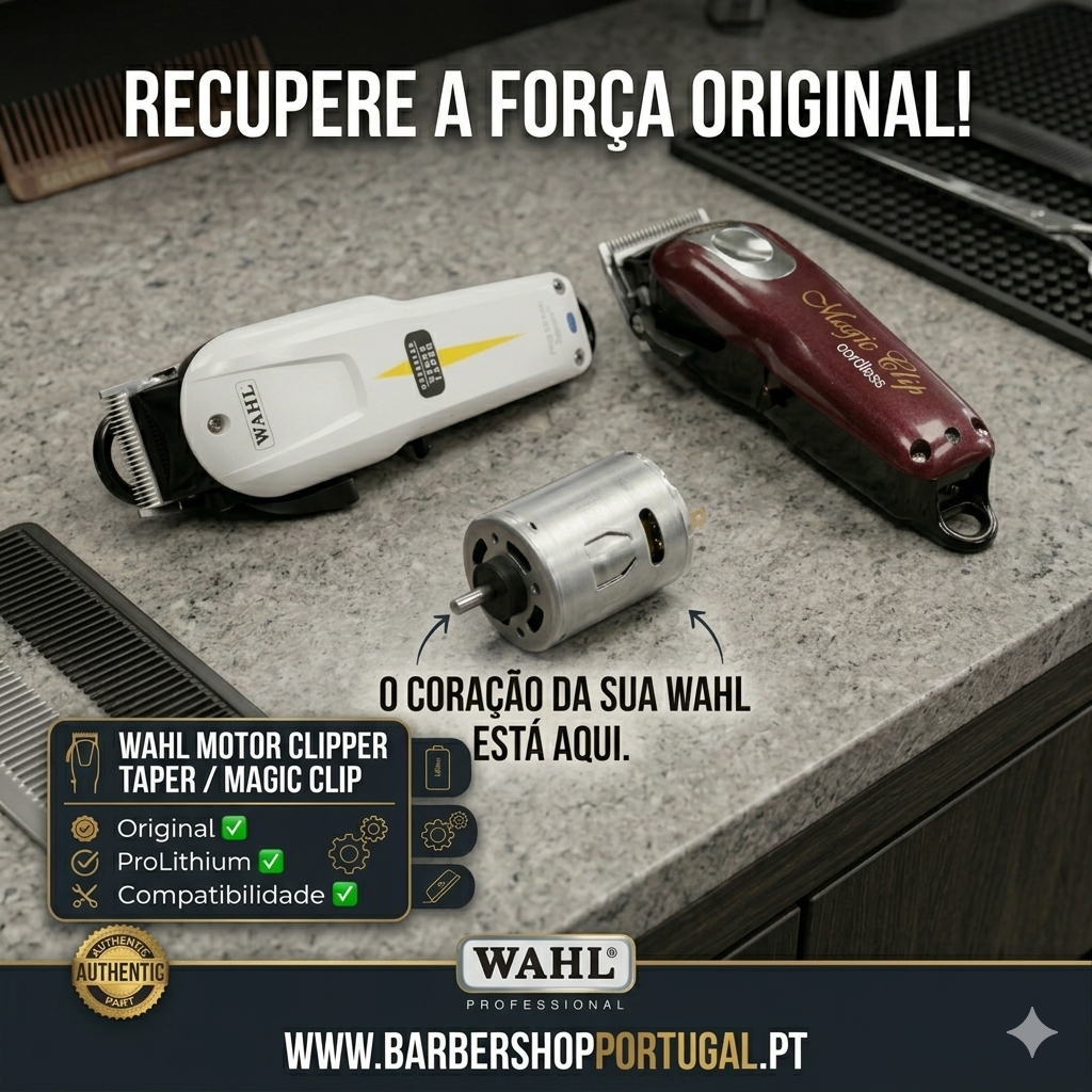 Máquinas de cortar cabelo Wahl com motor removido e texto promocional em português