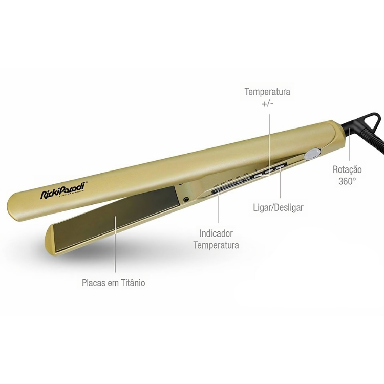 Prancha alisadora dourada com placas em titânio e controlo de temperatura.